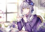  bang_dream! bangs blue_flower blue_rose bouquet bow braid chair cup flower food frilled_shirt frills hair_ribbon hair_up hat hat_bow hat_flower holding holding_cup indoors lavender_hair long_hair long_sleeves looking_at_viewer macaron minato_yukina neck_ribbon nennen painting_(object) purple_bow purple_hat purple_neckwear purple_shirt ribbon rose saucer shirt sidelocks sitting smile solo striped striped_bow table teacup teapot tiered_tray window yellow_eyes 