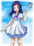  :d bangs blue_eyes blue_hair blue_ribbon blue_sailor_collar collarbone dokidoki!_precure dress hanzou hishikawa_rikka long_hair looking_at_viewer neck_ribbon open_mouth precure rakeru_(dokidoki!_precure) ribbon sailor_collar short_dress short_sleeves smile solo standing swept_bangs white_dress 