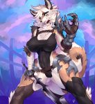  2018 anthro armor big_breasts black_nose blue_eyes breasts canine chest_tuft clothing female gloves hair hi_res holding_object holding_weapon leotard looking_at_viewer mammal melee_weapon nipple_bulge outside pauldron sharp_teeth smile solo standing sword teeth thick_thighs tight_clothing tuft weapon white_hair wide_stance wraps wrist_wraps zerolativity 