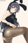  animal_ears ass bangs banned_artist bare_shoulders black_hairband black_leotard blue_eyes breasts brown_background brown_hair brown_legwear bunny_ears bunny_girl bunny_tail bunnysuit commentary_request eyebrows_visible_through_hair fake_animal_ears hair_ornament hairband hairclip large_breasts leotard long_hair looking_at_viewer pantyhose sakurajima_mai seishun_buta_yarou simple_background solo strapless strapless_leotard tail tasora twitter_username very_long_hair white_background 