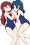  blue_hair blue_swimsuit blush clenched_hands closed_eyes competition_school_swimsuit hair_ornament hairclip half_updo hands_up long_hair love_live! love_live!_sunshine!! lying miyako_hito multiple_girls on_side one-piece_swimsuit red_hair sakurauchi_riko school_swimsuit side_bun sleeping smile swimsuit tsushima_yoshiko white_background yuri 