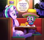  2018 clothing dialogue disguise dragon duo english_text equine facial_hair female food friendship_is_magic hat horn male mammal mustache my_little_pony poncho quesadilla sandwich_(disambiguation) sombrero spike_(mlp) starlight_glimmer_(mlp) text unicorn vavacung 