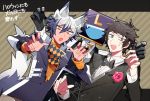  animal_ears bow bowtie brown_background brown_eyes brown_hair checkered claw_pose dex_(vocaloid) facial_hair grey_hair leon_(vocaloid) looking_at_viewer male_focus multiple_boys mustache object_head scarf simple_background smile striped striped_background tonio tuxedo uoshi_(uoshi777) vocaloid wolf_ears 