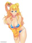  1girl bare_shoulders bikini blonde_hair blue_bikini blue_eyes breasts cleavage galko koshio large_breasts leaning_forward looking_at_viewer navel off_shoulder oshiete!_galko-chan skindentation smile solo swimsuit underboob 