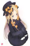  abigail_williams_(fate/grand_order) bangs black_bow black_dress black_hat blonde_hair blue_eyes bow dress fate/grand_order fate_(series) goemon1110 hair_bow hat highres long_dress long_hair looking_at_viewer orange_bow parted_bangs simple_background sleeves_past_wrists solo standing striped vertical-striped_dress vertical_stripes very_long_hair white_background 