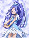  bangs blue_dress blue_eyes blue_hair bracelet choker cowboy_shot cure_diamond dokidoki!_precure dress earrings hair_ornament hanzou high_ponytail hishikawa_rikka jewelry long_hair outstretched_arms parted_bangs precure shiny shiny_hair short_dress short_sleeves smile solo standing very_long_hair 