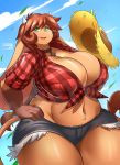  2018 anthro big_breasts bovine breasts brown_hair cattle cleavage clothed clothing digital_media_(artwork) female freckles green_eyes hair hand_on_hip hat horn huge_breasts las_lindas long_hair looking_at_viewer mammal midriff mora_linda navel nipple_bulge ocaritna signature solo thick_thighs voluptuous webcomic 