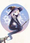 broom broom_riding commentary deviantart_username english_commentary fang flying hair_over_one_eye hat highres little_witch_academia long_hair looking_at_viewer luna_nova_school_uniform nanahii pink_hair red_eyes smile solo sucy_manbavaran watermark web_address wide_sleeves witch witch_hat 