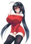  ahoge azur_lane bare_shoulders black_hair black_legwear blush breasts collarbone cowboy_shot dress hair_between_eyes hair_ribbon hand_up heart highres holding huge_breasts jewelry long_hair long_sleeves looking_at_viewer off-shoulder_dress off-shoulder_sweater off_shoulder parted_lips pregnancy_test red_dress red_eyes red_ribbon red_sweater ribbon ring short_dress simple_background smile solo sub-res sweater sweater_dress taihou_(azur_lane) thighhighs twintails very_long_hair wedding_band white_background 