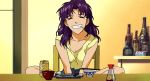  1girl bare_legs breasts female game_cg girlfriend_of_steel hair_between_eyes happy katsuragi_misato long_hair neon_genesis_evangelion neon_genesis_evangelion:_iron_maiden purple_hair sitting 