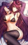  armpits arms_behind_head bangs black_bra black_legwear black_panties blush bra breasts cardigan choker cleavage commentary_request eyebrows_visible_through_hair fate/grand_order fate_(series) hair_between_eyes head_tilt knee_up lace lace-trimmed_bra lace-trimmed_legwear large_breasts long_hair looking_at_viewer lying mallizmora navel off_shoulder on_back open_cardigan open_clothes panties pillow purple_cardigan purple_hair red_eyes ruby_(stone) scathach_(fate)_(all) scathach_(fate/grand_order) side-tie_panties smile solo stomach thighhighs underwear very_long_hair 