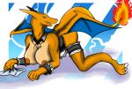  2018 anthro anthrofied big_breasts breasts charizard clothed clothing dragon female looking_at_viewer maid_uniform nintendo open_mouth pok&eacute;mon pok&eacute;mon_(species) scalie simple_background solo tysavarin uniform video_games 