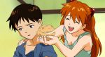  1boy 1girl breasts food game_cg girlfriend_of_steel hair_between_eyes hair_ornament happy ikari_shinji long_hair neon_genesis_evangelion neon_genesis_evangelion:_iron_maiden shiny short_hair smile soryu_asuka_langley twintails 