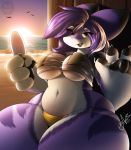  2017 4_fingers absurd_res anthro beach belly big_breasts breasts claws clothed clothing female food fur hair hi_res hyper hyper_thighs inner_ear_fluff kemono looking_at_viewer multicolored_fur navel pawpads popsicle purple_fur purple_hair seaside slightly_chubby smile solo striped_fur stripes sunset sweat thong tight_clothing tongue tsukiyo under_boob unknown_species wuse_hips yellow_eyes zoidberg656art 