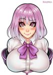  1girl blush bouncymelon bow breasts closed_mouth collared_shirt eyebrow_visible_through_hair large_breasts looking_at_viewer purple_bow purple_eyes purple_hair red_eyes school_uniform shinjou_akane shirt short_hair signature smile solo ssss.gridman upper_body white_shirt 