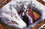  commentary_request floral_print formal fox looking_at_viewer madara_(natsume_yuujinchou) male_focus mouth_hold natsume_yuujinchou palms_together ray-k short_hair silver_eyes silver_hair solo suit yellow_eyes 