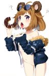  ? animal_ears bear_ears breasts brown_hair collarbone commentary_request doughnut eating food girls_frontline grizzly_mkv_(girls_frontline) highres jacket lemonolemone looking_at_viewer navel no_panties open_mouth purple_eyes saliva short_hair simple_background small_breasts solo tongue tongue_out white_background younger 