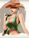  absurdres ashe_(overwatch) asymmetrical_hair booger_wang breasts casual cleavage cowboy_hat earrings eyeliner hat highres jacket_over_shoulder jewelry lipstick looking_at_viewer makeup medium_breasts medium_hair mole_above_mouth no_bra overwatch red_eyes red_lipstick revision short_hair silver_hair solo tank_top 