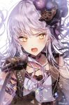  bang_dream! bangs black_gloves blush breasts choker commentary corset cropped_jacket dress eyebrows_visible_through_hair floating_hair flower glint gloves hair_ornament hand_up highres holding holding_microphone jacket jewelry light_particles long_hair looking_at_viewer microphone minato_yukina music necklace open_clothes open_jacket open_mouth purple_flower rose sidelocks silver_hair singing sleeveless_jacket small_breasts solo sparkle sweat taya_5323203 twitter_username upper_body yellow_eyes 