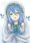  akina_(akn_646) aqua_(fire_emblem_if) aqua_hair bug butterfly commentary fire_emblem fire_emblem_heroes fire_emblem_if hair_between_eyes insect long_hair open_mouth sidelocks simple_background solo upper_body veil white_background yellow_eyes younger 