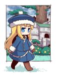  bangs blonde_hair blue_eyes blue_hat blue_jacket blue_skirt blue_sky blush boots brown_footwear brown_mittens building bush chibi closed_mouth cloud cloudy_sky collared_shirt commentary_request day eyebrows_visible_through_hair flower fur-trimmed_hat fur-trimmed_sleeves fur_trim green_shirt gunner hat highres jacket juliet_sleeves knee_boots long_hair long_sleeves looking_away mittens naga_u pleated_skirt puffy_sleeves sekaiju_no_meikyuu sekaiju_no_meikyuu_2 shirt skirt sky solo standing tree v-shaped_eyebrows very_long_hair white_background yellow_flower 