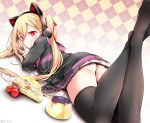  ass azur_lane bangs black_legwear blonde_hair blush breasts cake candy cat_ear_headphones cherry commentary_request concord_(azur_lane) crossed_ankles eyebrows_visible_through_hair fang feet feet_up fine_fabric_emphasis food fruit hair_between_eyes hair_ribbon headphones hood hood_down hooded_jacket jacket long_hair long_sleeves looking_back lying medium_breasts mole mole_under_eye mouth_hold no_shoes on_stomach oouso open_clothes open_jacket pleated_skirt pudding red_eyes red_ribbon ribbon sidelocks skirt solo star star-shaped_pupils symbol-shaped_pupils thighhighs thighs toes twintails twitter_username v white_skirt 