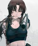  aiming_at_viewer belt beretta_92 black_lagoon breasts brown_eyes brown_hair bullet_hole cigarette commentary_request fingerless_gloves gloves grin gun hair_intakes handgun holding holding_gun holding_weapon holster long_hair looking_at_viewer medium_breasts mouth_hold navel pistol ponytail revy_(black_lagoon) shadow shoulder_holster shoulder_tattoo smile smoke solo tank_top tattoo upper_body walzrj weapon 