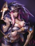  absurdres akali alternate_breast_size asymmetrical_clothes balancing baseball_cap belt biting blue_eyes bracelet breasts choker cleavage dagger dual_wielding hat highres holding huge_weapon jacket jewelry k/da_(league_of_legends) k/da_akali kama_(weapon) large_breasts league_of_legends lip_biting long_hair looking_at_viewer midriff navel necklace nene_(taiwan) nose open_clothes open_jacket pink_hair ponytail reverse_grip sickle sidelocks single_pantsleg sleeves_pushed_up solo weapon 