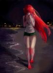  1girl beach blood city diclonius elfen_lied glowing glowing_eyes horns long_hair lucy monster_girl night nyuu red_eyes red_hair water 