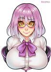  1girl blush bouncymelon bow breasts closed_mouth collared_shirt eyebrow_visible_through_hair glasses large_breasts looking_at_viewer purple_bow purple_eyes purple_hair red_eyes school_uniform shinjou_akane shirt short_hair signature smile solo ssss.gridman upper_body white_shirt 