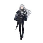  ak-12_(girls_frontline) ankle_boots assault_rifle bag bangs belt black_footwear black_gloves black_jacket black_pants boots braid breasts collar copyright_name duoyuanjun facing_viewer french_braid full_body girls_frontline gloves gradient gradient_background gun jacket jacket_on_shoulders long_hair long_sleeves looking_at_viewer medium_breasts official_art open_clothes open_jacket open_mouth pale_skin pants purple_eyes rifle shadow smile straight_hair transparent_background underbust walking weapon white_hair 