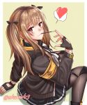  armband brown_hair commentary_request fingerless_gloves food girls_frontline gloves heart hood hoodie jacket looking_at_viewer looking_back o.k.corral pleated_skirt pocky red_eyes scar scar_across_eye skirt smile spoken_heart twintails twitter_username ump9_(girls_frontline) 