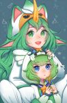  alternate_costume alternate_eye_color alternate_hair_color alternate_hairstyle animal_hood artist_name blue_background blue_eyes breasts gloves green_eyes green_hair green_nails hood horn league_of_legends long_hair looking_at_viewer lulu_(league_of_legends) magical_girl multiple_girls nail_polish nanumn pajamas pointy_ears sitting smile soraka star_guardian_lulu star_guardian_soraka very_long_hair wand yordle 
