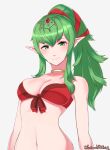  bikini breasts chiki cleavage closed_mouth commentary fire_emblem fire_emblem:_kakusei fire_emblem_heroes green_eyes green_hair grimmelsdathird hair_ribbon highres long_hair mamkute navel pointy_ears ponytail red_ribbon ribbon simple_background solo swimsuit twitter_username upper_body white_background 