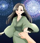  asymmetrical_bangs bangs brown_eyes brown_hair commentary_request eyebrows_visible_through_hair fireworks girls_und_panzer green_kimono highres holding_hands hoshikawa_(hoshikawa_gusuku) japanese_clothes kimono light_blush long_hair long_sleeves looking_at_viewer night night_sky nishi_kinuyo obi open_mouth out_of_frame outdoors pov sash sky smile standing wide_sleeves 