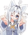  ;d ahoge animal_ear_fluff animal_ears bangs black_sailor_collar blue_eyes blue_jacket blush collarbone eyebrows_visible_through_hair fingernails fox_ears fox_girl hair_between_eyes hair_intakes head_tilt highres jacket korean long_hair looking_at_viewer one_eye_closed open_mouth orange_neckwear original outstretched_arms ping_myu_ring_(tandohark) sailor_collar silver_hair simple_background smile solo tandohark translation_request upper_body very_long_hair white_background 