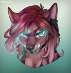  2018 anthro biped blue_eyes blue_tongue breasts brown_ears brown_eyebrows brown_fur brown_hair brown_lips brown_nose bust_portrait canine eyebrows female fur glowing grey_background hair hair_bow hair_ribbon hettie_(character) long_hair looking_at_viewer mammal multicolored_fur portrait radiant_scar ribbons simple_background solo two_tone_fur wolf 