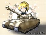  ayase_eli blonde_hair blue_eyes blush breasts caterpillar_tracks centurion_(tank) chibi commentary ground_vehicle headphones looking_at_viewer love_live! love_live!_school_idol_project military military_vehicle motor_vehicle saragada school_uniform tank world_of_tanks 