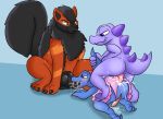  2018 agrivo all_fours alternate_color anal anal_penetration anatomically_correct animal_genitalia animal_penis arcanine balls big_balls big_penis black_balls black_fur blue_eyes blue_scales blush butt canine canine_penis clothing crocodilian cum cum_drip cum_inside cum_on_butt cum_on_ground cum_on_penis digital_media_(artwork) doggystyle dripping erection fan_character feral from_behind_position fur grin group group_sex hecfyre_the_darkanine knot looking_pleasured male male/male male_penetrating mammal nintendo oral_penetrating orange_eyes orange_fur penetration penis pink_skirt pok&eacute;mon pok&eacute;mon_(species) purple_eyes purple_scales reptile scales scalie sex simple_background sirius size_difference smile starit tail_grab tapering_penis threesome totodile video_games 