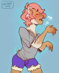  blush breathing brown_skin claws clothed clothing eyes_closed ferret freckles fur hair human human_to_anthro mammal mustelid open_mouth pink_hair sharp_teeth shirt shorts simple_background solo standing tail_growth teeth transformation verrest whiskers white_fur 