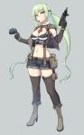  alternate_hairstyle armpits bangs belt black_gloves black_legwear black_shorts boots breasts brown_vest capelet cleavage closed_mouth crop_top detached_collar earphones elbow_gloves eyebrows_visible_through_hair full_body girls_frontline gloves green_eyes green_hair grey_background grey_footwear gun hand_up hat hat_removed headwear_removed high_heel_boots high_heels highres holding holding_gun holding_hat holding_weapon holster holstered_weapon imi_uzi knee_boots legs_apart long_hair looking_at_viewer low_twintails manme medium_breasts micro_uzi_(girls_frontline) microphone midriff mini_hat navel necktie red_neckwear shirt short_shorts shorts sidelocks simple_background sleeveless smile solo spaghetti_strap standing star submachine_gun thigh_pouch thighhighs trigger_discipline twintails very_long_hair vest wavy_hair weapon white_shirt wrist_cuffs 