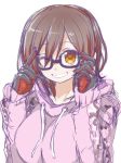  black-framed_eyewear breasts brown_eyes commentary_request gloves grin hood hoodie large_breasts looking_at_viewer naitou_kouse navel one_eye_closed roboco-san roboco_ch. simple_background sketch smile solo virtual_youtuber white_background 