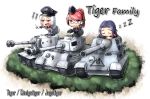  blue_hair caterpillar_tracks chibi commentary glasses grass ground_vehicle highres iron_cross jagdtiger long_hair military military_uniform military_vehicle motor_vehicle multiple_girls nervous original pink_hair purple_eyes red_eyes saragada sleeping smile tank tank_destroyer tiger_i tiger_ii uniform white_background white_hair zzz 