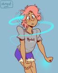  brown_skin clothed clothing freckles hair human mammal not_furry pink_hair shaking shirt shorts simple_background solo spirit standing sweat verrest 