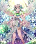  :d angel_wings aqua_eyes artist_request blonde_hair cygames dress eyebrows_visible_through_hair flower gold gold_trim green_hair hair_flower hair_ornament holding holding_staff miriam_(shadowverse) multicolored_hair multiple_wings open_mouth pointy_ears shadowverse shingeki_no_bahamut short_hair smile staff wings 