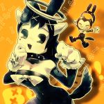  1boy 1girl alice_(bendy_and_the_ink_machine) animal_ears bendy bendy_and_the_ink_machine black_hair breasts cleavage detached_sleeves gloves halo hips horns long_hair tail 