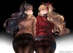  ass black_bow black_hair black_legwear blonde_hair blush bow brown_jacket coat commentary_request ereshkigal_(fate/grand_order) eyebrows_visible_through_hair fate/grand_order fate_(series) gradient gradient_background hair_between_eyes hair_bow ishtar_(fate/grand_order) jacket juurouta long_sleeves looking_at_viewer miniskirt multiple_girls open_mouth pantyhose plaid plaid_skirt red_bow red_eyes red_jacket scarf skirt striped striped_scarf twitter_username winter_clothes 