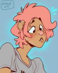  brown_skin clothed clothing ferret freckles fur hair human human_to_anthro mammal mustelid pink_hair shirt simple_background solo transformation verrest white_fur 