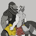  2018 5_fingers anthro anthro_on_anthro bare_back black_nipples boxers_(clothing) bulge canine claws clothed clothing cyan_eye deep_throat digital_drawing_(artwork) digital_media_(artwork) dinosaur duo ear_piercing erection erection_under_clothes extreme_french_kiss eyebrows eyes_mostly_closed eyewear fluffy fluffy_tail fondling fur gauged_ear glasses grinding hair hand_on_back hand_on_penis head_spines holding_(disambiguation) humanoid_penis intimate kissing koorivlf larger_male long_tail long_tongue male male/male mammal mostly_clothed muscular muscular_male nipples open_mouth oral penis penis_outline penis_shaped_bulge piercing purple_eyes reptile romantic_couple scales scalie shirt signature simple_background singe_(koorivlf) size_difference smaller_male smile spines spotted_scales standing striped_clothing tank_top teeth thick_tail tongue topless underwear wolf woof_(koorivlf) 