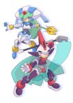 1girl android commentary_request energy_blade full_body gloves grin helmet highres holding holding_scythe holding_staff holding_weapon knees_together_feet_apart omeehayo outstretched_arm pandora_(rockman) power_armor prometheus red_eyes rockman rockman_zx scythe simple_background smile staff weapon white_background white_gloves 